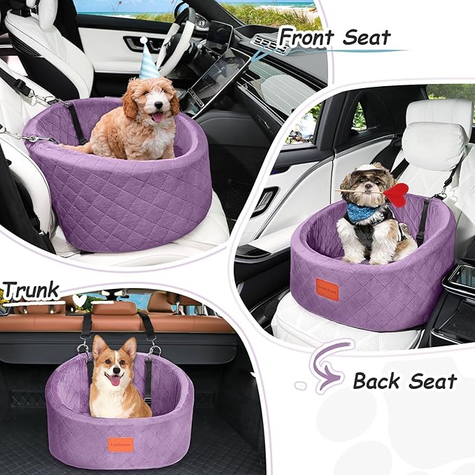 Dog Car Seat for Small Dogs Up to 30 Lbs,Ultra Soft Fabric Fill in Comfy Memory Foam,Happy Pet Ride,2 Safety Dog Leashes,Fully Detachable and Washable,Anti Slip Base(Purple)