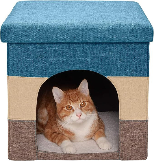 Furhaven Pet House for Indoor Cats & Small Dogs, Collapsible & Foldable w/ Plush Ball Toy - Living Room Footstool Cat Condo - Beach House Stripe (Brown/Blue), Small