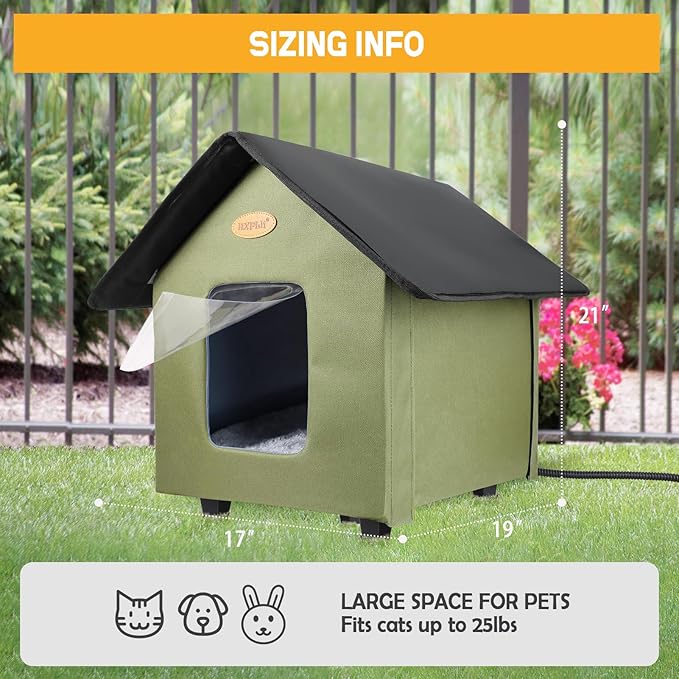 Heated Cat Houses for Outdoor Cats - Elevated Weatherproof Insulated Heated Outdoor Cat House for Winter - Feral Cat Shelter for Outside Cats - Outdoor Heated Cat House (Green)