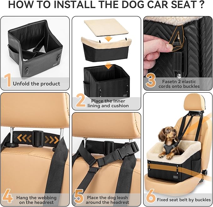 PETSFIT Small Dog Car Seat, Waterproof PU Leather Dog Booster Car Seat with Patented Safe Buckles, Detachable Washable Cushion, 2 Storage Pockets, Dog Car Seat Medium Sized Dog up to 30 lbs (Black)