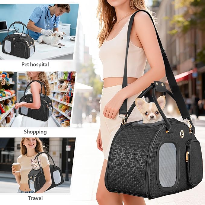 Dog Purse Carrier for Small Dogs, TSA Airline Approved Pet Tote Bag, Fashion Soft-Sided Puppy Carrier Purse with Pockets for Travel, Shopping, Daily Use (Black, 16.1inch x 8.7inch x 12inch(LxWxH))