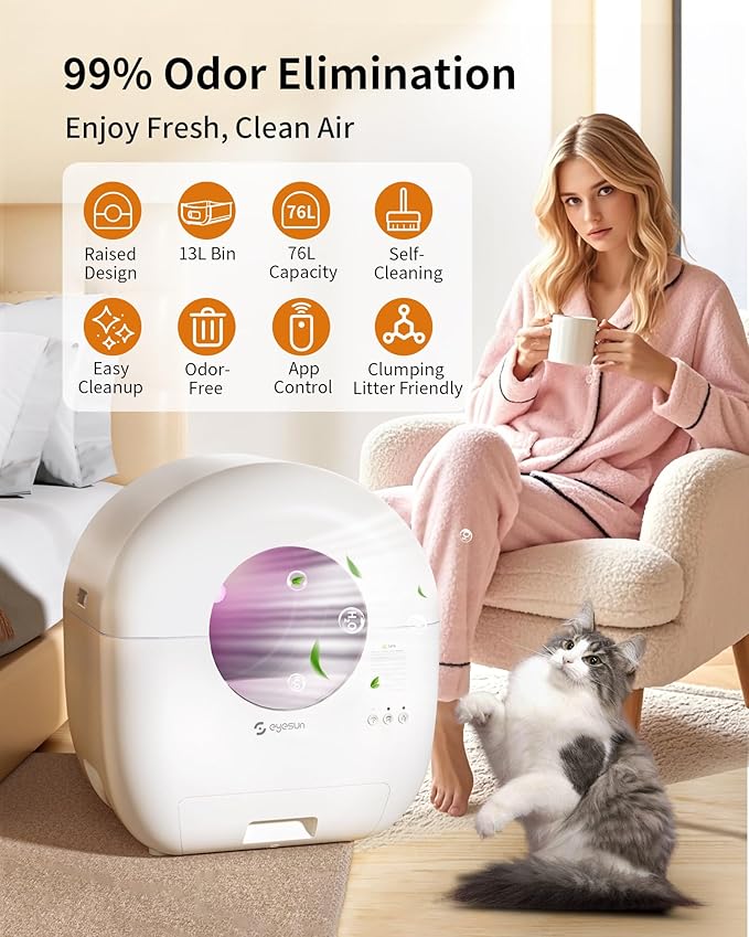 Self Cleaning Litter Box,76L Automatic Cat Litter Box Self Cleaning with APP Control,Safety Protection,Low Noise,Roll Garbage Bags,Cleaning Brush and Deodorizer for Multiple Cats