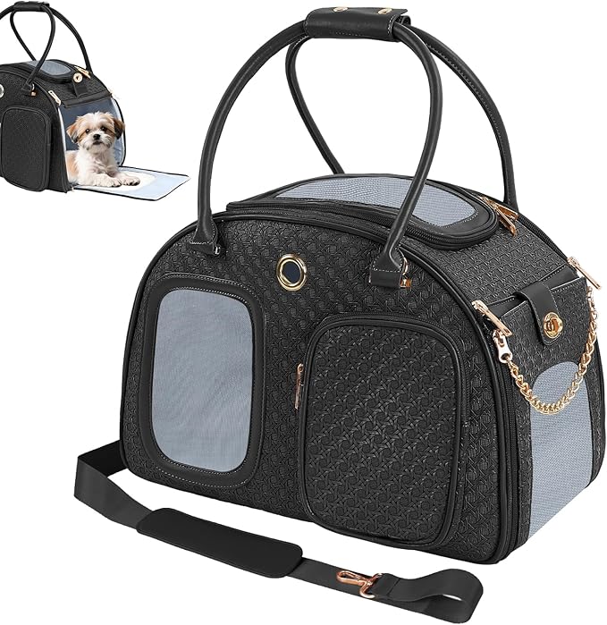 Dog Purse Carrier for Small Dogs, TSA Airline Approved Pet Tote Bag, Fashion Soft-Sided Puppy Carrier Purse with Pockets for Travel, Shopping, Daily Use (Black, 16.1inch x 8.7inch x 12inch(LxWxH))