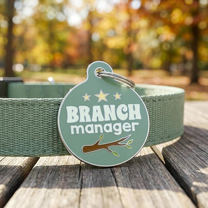 Bad Tags Personalized Dog & Cat ID Tags - Choose from 25+ Tag Designs - Free 5 Lines Custom Engraved - Unique, Cute, Funny, Sassy Pet Tag (Branch Manager, Small (1 inch))