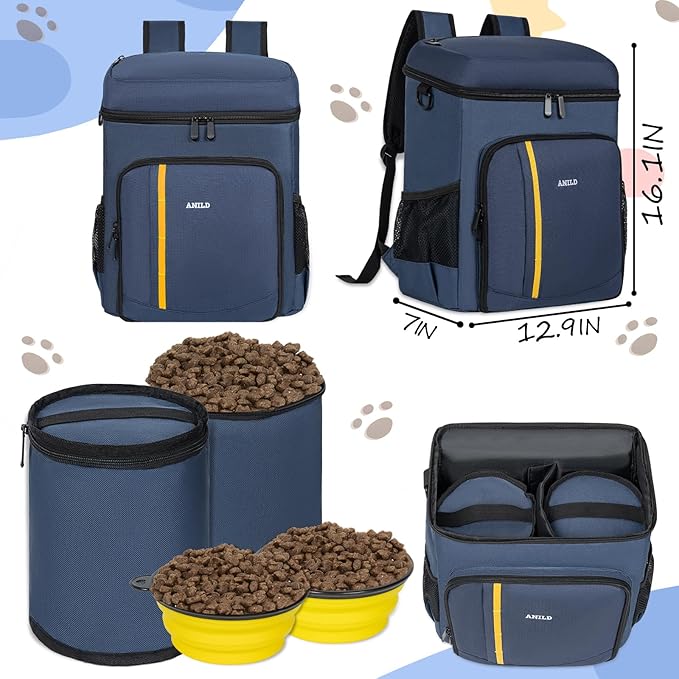 ANILD Dog Travel Backpack - Airline Approved Double-layer Pet Travel Bag Accessories with 2 Food Storage Bag and 2 Foldable Silicone Bowls for Hiking & Camping