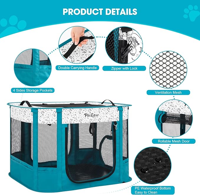Portable 2-in-1 Dog Crate playpen, Outdoor Cat Playpen with Litter Box Area for Indoor Cats Enclosed Rabbit Puppy Hamster Indoor/Outdoor Cats Enclosure Cages Tent (Peacock Blue)