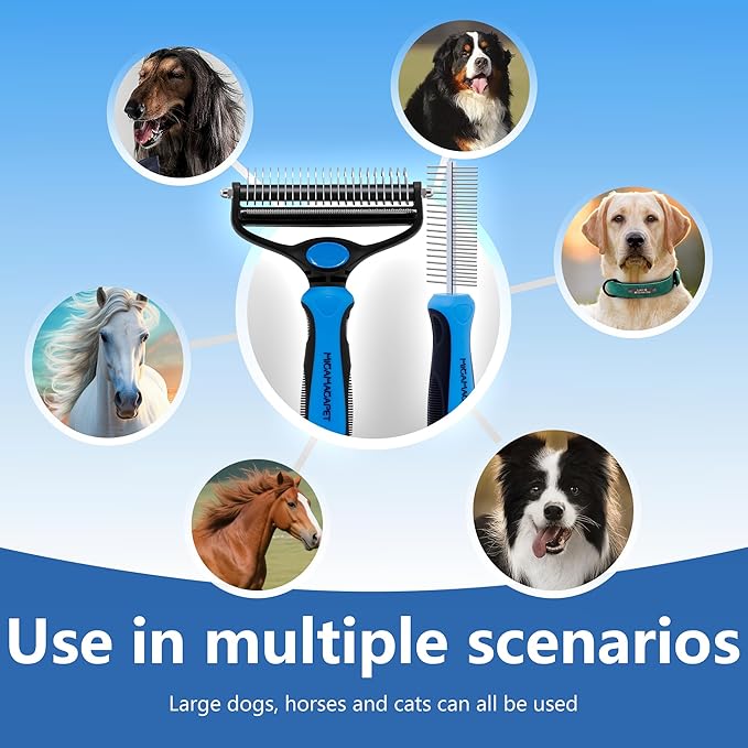 Dog Brush for Shedding, Deshedding Dog Brush for Long Haired Dogs, Cat Grooming Set 2 in 1 Undercoat Rake with Flea Comb-Large