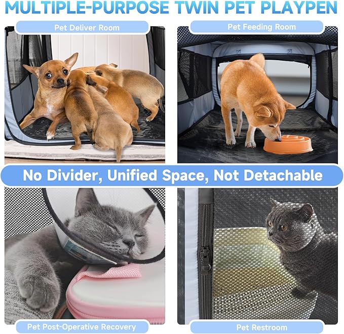 2-in-1 Dog Playpen, 58''Pop Up Cat Puppy Pet Playpen Indoor/Outdoor Cats Enclosed, Cat Dog Tent Crate Cage Kennel, Portable Playpen for Kitten, Small Animals Play Pen(No Divider, Unified Space)