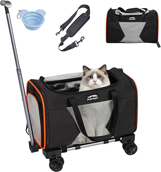 Cat Carrier with Wheels – Airline Approved Pet Travel Backpack, Soft-Sided Collapsible Rolling Carrier for Cats and Small Dogs, Expandable Top Loading Ventilated Design, Black