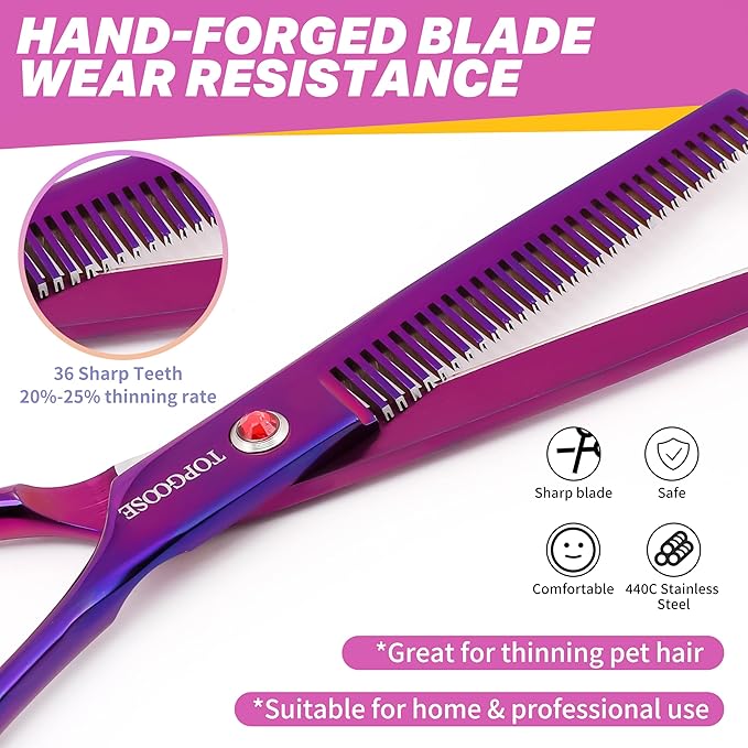 TOPGOOSE 7.5" Dog Grooming Scissor - Professional Thinning Shear with 37 Teeth Japanese Stainless Steel Blender Scissors for Dogs, Cats and Other Pets (Thinning, Purple)