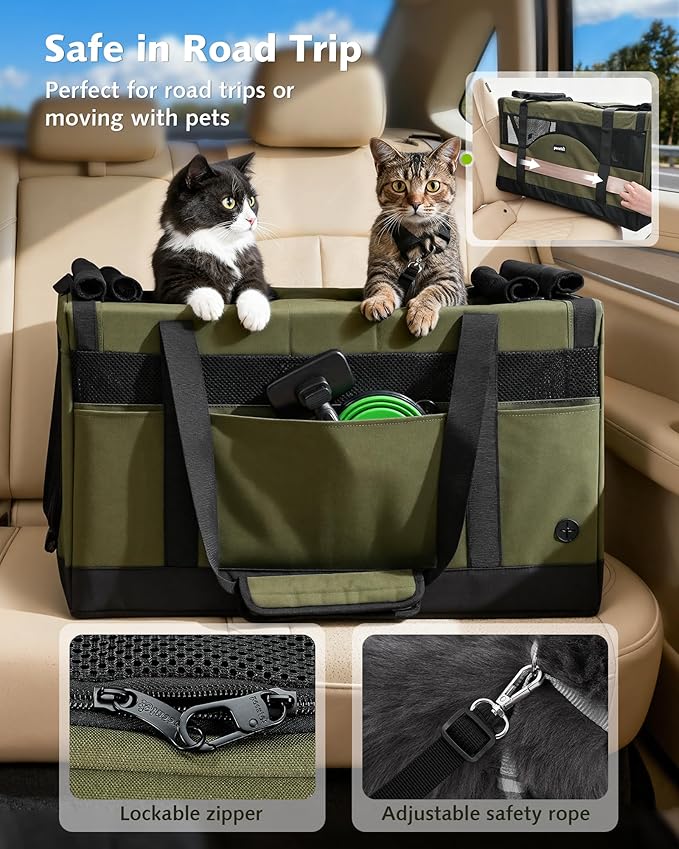 Pecute Cat Carrier for 2 Cats,Dual Cabin Multi Cat Travel Carrier with Removable Divider and Sturdy Frame,Collapsible,Soft,can Hold 20lbs+ for 2 Small Kitten,Medium Dog,Extra Large for Travel,Green