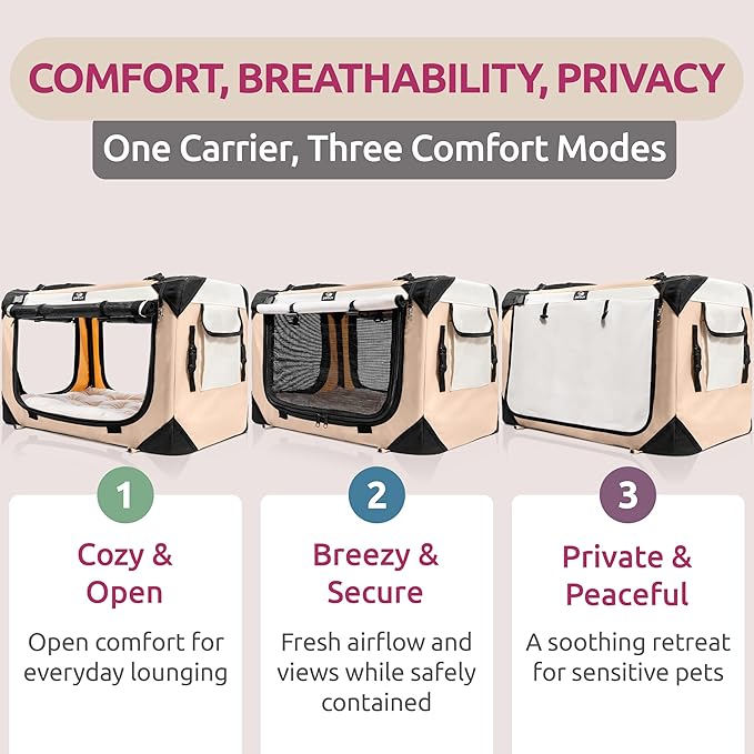 Cat & Dog Pet Carrier, Soft-Sided, Large 24"x16"x16", Fits Large Cat, 2 Cats, or Medium Dog Comfortably, Great for Travel & Vet Visits, Privacy Windows, Removable Bed, Locking Zippers, Foldable