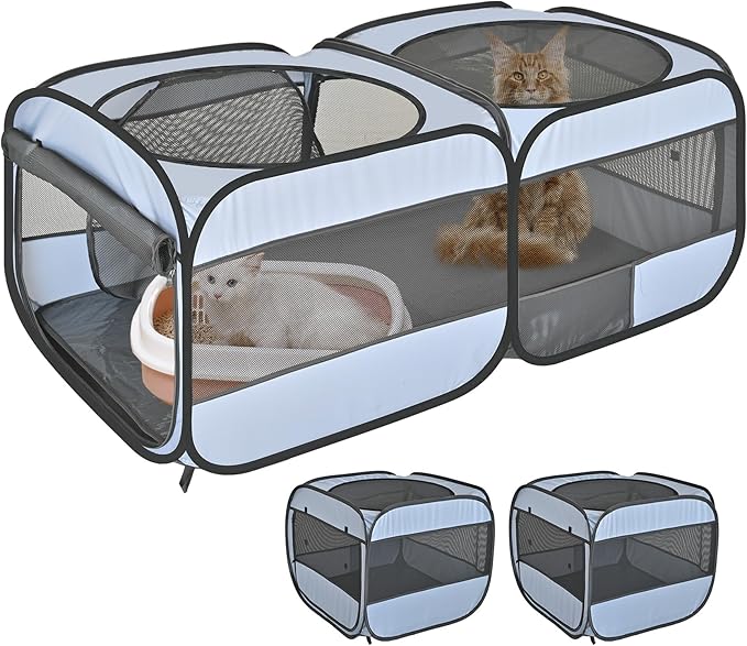 2-in-1 Pop Up Cat Playpen, Detachable into 2 Separate Pens with Additional Doors, Assembly-Free Portable Dog Crates Pet Pen Tent Kennel Kitten Puppy Enclosure Cage Indoor Outdoor Foldable Condo(M)