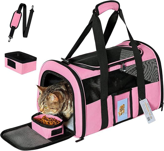 20" Large Cat Carrier Soft Sided for Cats Under 25 lbs, Folding Dog Carrier 20" Carrier for 2 Cats Travel Carrier - Pink