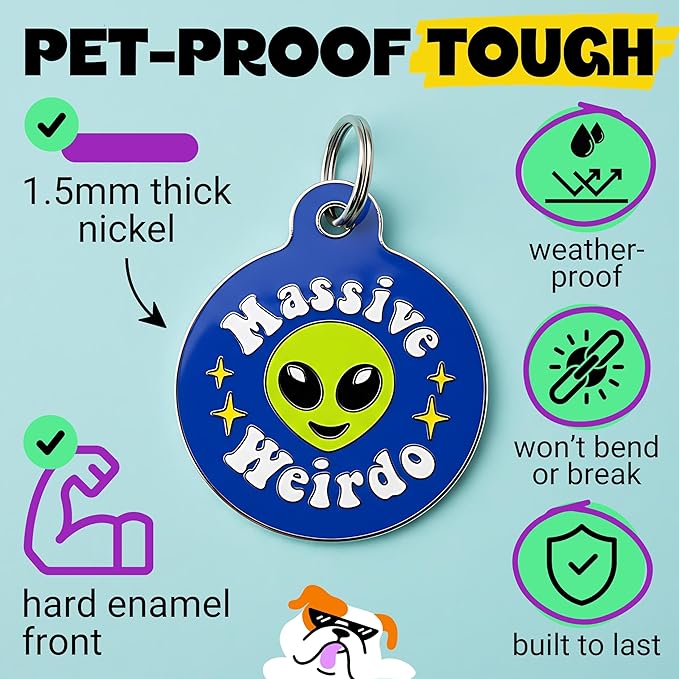 Bad Tags Personalized Dog & Cat ID Tags - Choose from 25+ Tag Designs - Free 5 Lines Custom Engraved - Unique, Cute, Funny, Sassy Pet Tag (Massive Weirdo, Large (1.25 inch))