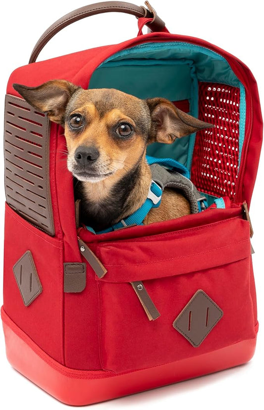 Kurgo Nomad Carrier Backpack - Airline Approved Dog Bag for Travel - Stylish Pet Backpack with Waterproof Bottom - Lightweight for Hiking - Small Breed Dog Carrier with Tablet Sleeve - Red