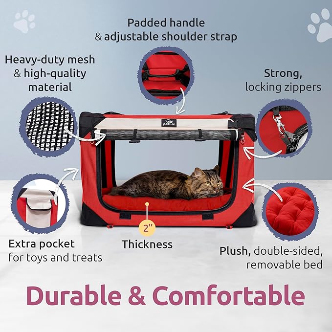 Cat & Dog Pet Carrier, Soft-Sided, Large 24"x16"x16", Fits Large Cat, 2 Cats, or Medium Dog Comfortably, Great for Travel & Vet Visits, Privacy Windows, Removable Bed, Locking Zippers, Foldable