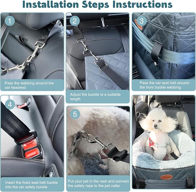 Dog Car Seat with Loops Dog Booster Seat for All Seasons, Anti Slip Bottom Pet Travel Bed with Thick Pets Sofa Cushion and Storage Pockets for Small Pets（Grey）