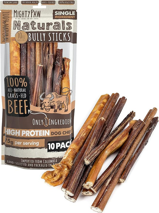 Mighty Paw Naturals Variety Pack Bully Sticks for Dogs - Grass Fed Beef Chews. Dog Bully Sticks for Large Pets, Medium and Small Breeds. Lower Odor Treats for Small Pets. Single Ingredient