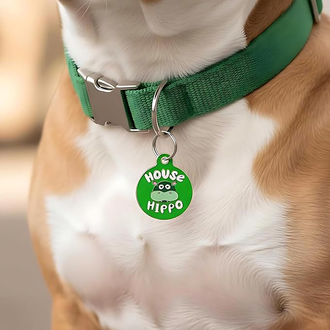 Bad Tags Personalized Dog & Cat ID Tags - Choose from 25+ Tag Designs - Free 5 Lines Custom Engraved - Unique, Cute, Funny, Sassy Pet Tag (House Hippo - Green, Small (1 inch))