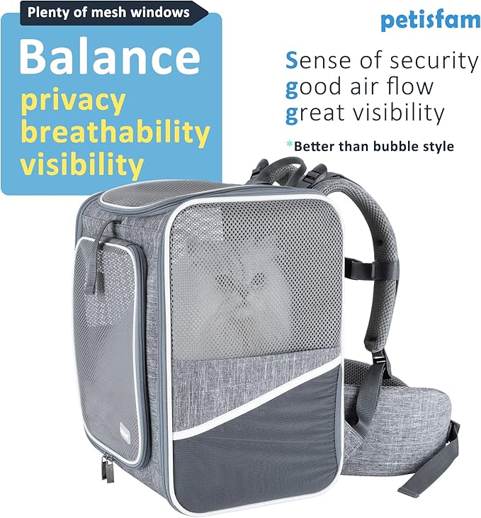 petisfam Ergonomic Design Pet Backpack Carrier for Medium Cats and Small Dogs. Better Stability and Less Turbulence, Well Padded, 4 Pockets, Breathable, Easy Storage