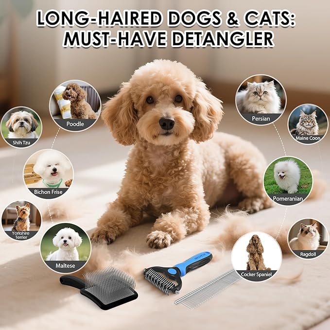 Large Slicker Brush for Dogs – 3pc Grooming Kit with Undercoat Rake & Comb, Deshedding Pin Brush for Mats & Shedding on Long-Haired & Double-Coated Dogs, Cats, Poodles & Goldendoodle, Black