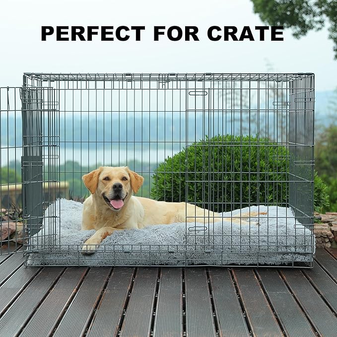 Bedfolks Waterproof Crate Bed, Plush Pad With Removable Cover, Faux Fur for XXL Dogs, Fluffy Washable Kennel Bed 47"x29", Solid Light Grey