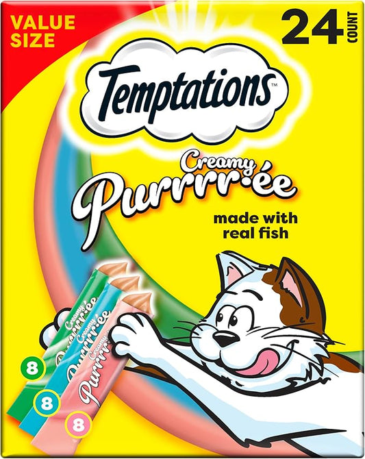 Temptations Creamy Puree Mix-Ups Squeezable Lickable Wet Cat Treats, Tuna Flavor, Salmon Flavor, and Seafood Medley Flavor, 0.42 oz. Tubes, 24 Count