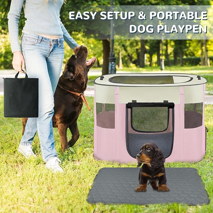 Pet Dog Cat Playpen with Waterproof Pad,Portable Puppy Kitten Rabbit Crate and Other Small Animals Kennel Cage Tent for Indoor Outdoor Travel Camping,Water-Resistant Breathable Shade Cover (Pink S)