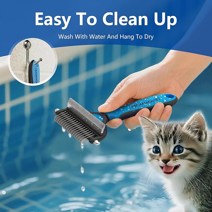 Cat Shedding Brush, Deshedding Brush for Long Haired Cats, Pet Grooming Tools 2 in 1 Undercoat Rake with Detangling Comb-Small