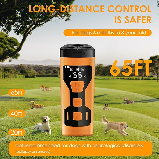 Dog Bark Deterrent Devices, 3X Ultrasonic 65FT Anti Barking Device, 4 Gear Frequencies Safer Alternatives to Dog Training Bark Collars, Portable Design with Display for All Dogs (Orange)