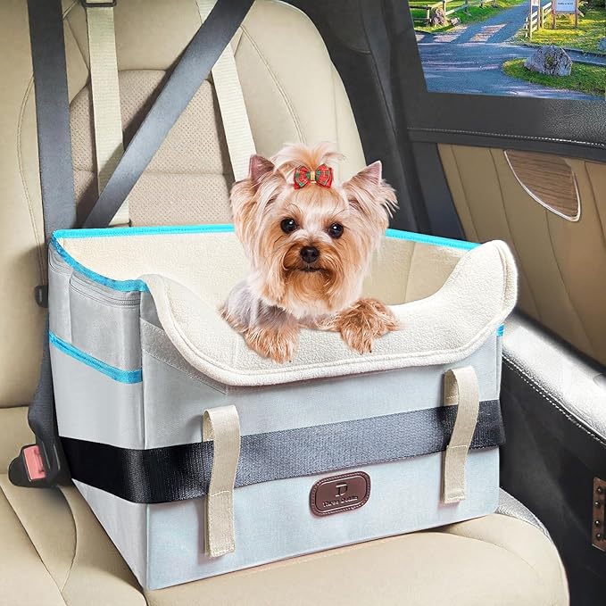 Dog Car Seat for Small Dogs, Fuzzy Dog Car Seat Stable, Waterproof, Foldable with Clip-On Safety Leash, Pet Booster Seat Suitable for Front and Rear Seats (Light Gray1-25lbs)