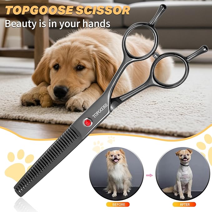 TOPGOOSE 7.5" Dog Grooming Scissor - Professional Thinning Chunker Shear with 18 Teeth Japanese Stainless Steel Hair Scissors for Dogs, Cats and Other Pets (Chunker, Black)