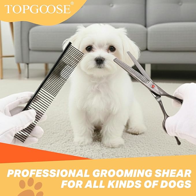 TOPGOOSE 7.5" Dog Grooming Scissor - Professional Thinning Shear with 37 Teeth Japanese Stainless Steel Blender Scissors for Dogs, Cats and Other Pets (Thinning, Black)