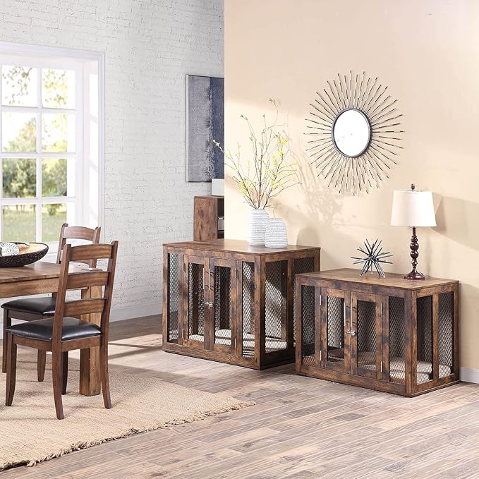 unipaws 38.5 Inch Large Dog Crate Furniture with Tray, Wooden Kennel Pet House Dog Cage with Door, Modern Decorative Dog Crate End Side Table Nightstand, Rustic