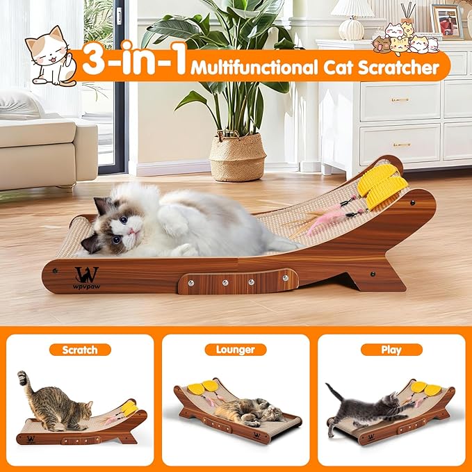 Sisal Cat Scratcher Bed, Natural Solid Wood Scratch Lounger, No Mess Scratching Chair Couch for Indoor Cats, 25.6 Inch Cat Scartching Pad, 3 in 1 Scratching Board, Furniture Protector