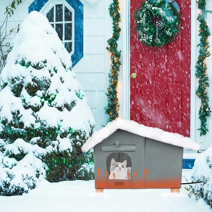 BWOGUE Elevated Heated Cat House for Outdoor Cats in Winter, Waterproof & Insulated Feral Cat Shelter for Outside Cats,Weatherproof Feral Cat House for Outside (Grey, Extra Large)