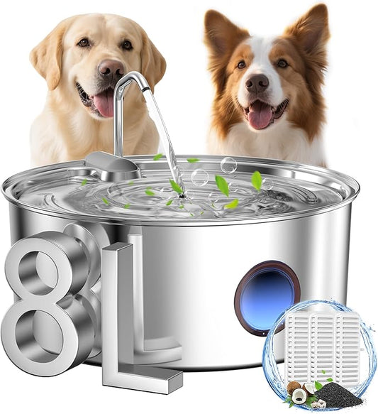 Dog Water Fountain for Large Dogs - 8L/270oz Stainless Steel Dog Fountain Water Bowl, Great for Large Dogs Cats and Multi-Pet Home, Quiet Pet Dispenser with Visual Water Level, Easy-to-Clean