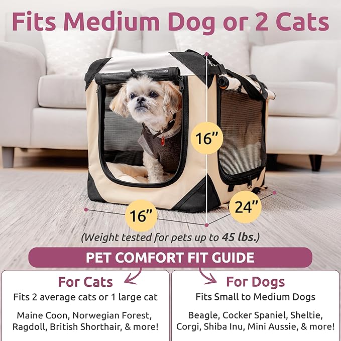 Cat & Dog Pet Carrier, Soft-Sided, Large 24"x16"x16", Fits Large Cat, 2 Cats, or Medium Dog Comfortably, Great for Travel & Vet Visits, Privacy Windows, Removable Bed, Locking Zippers, Foldable