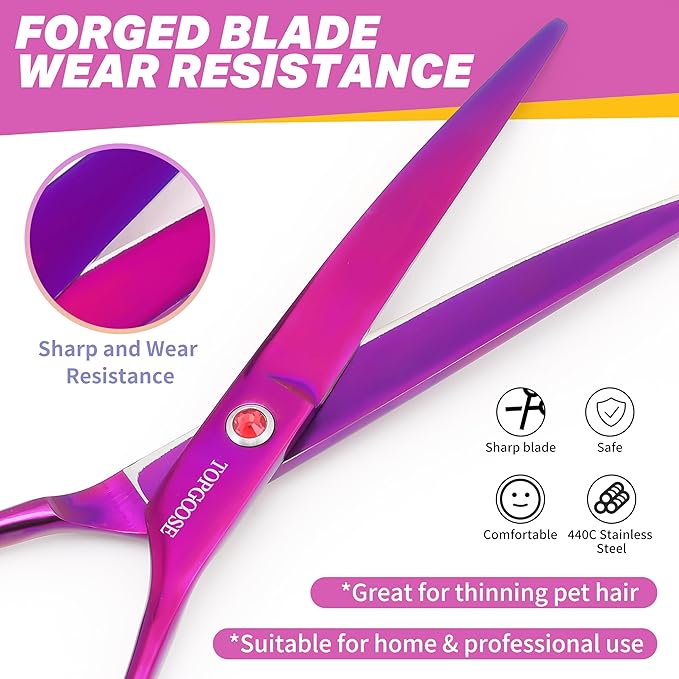 TOPGOOSE 7.5" Dog Grooming Scissor - Professional Down-curved Shear with Ergonomic Handle Japanese Stainless Steel Hair Scissor for Dogs, Cats and Other Pets, Sharp (Curved, Purple)