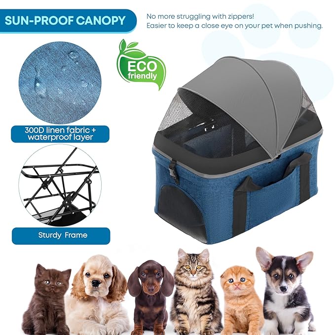 2-in-1 Foldable Pet Stroller with Canopy, 4 Wheels Pet Strolling Cart for Small/Medium Dogs and Cats with Removable Carrier,Breathable Mesh,Mom Tote Bag,Cup Holders,Easy Assembly,Grey+ Green