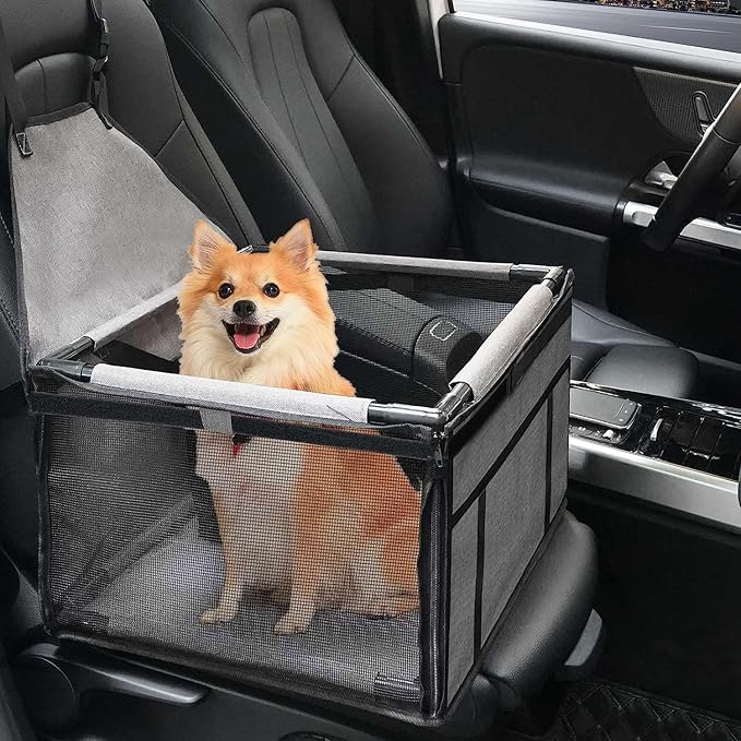 Small Dog Car Seat - Portable Puppy/Pet Booster Seat with Clip-On Leash and Mesh Window for Small Pets Up to 11 lbs