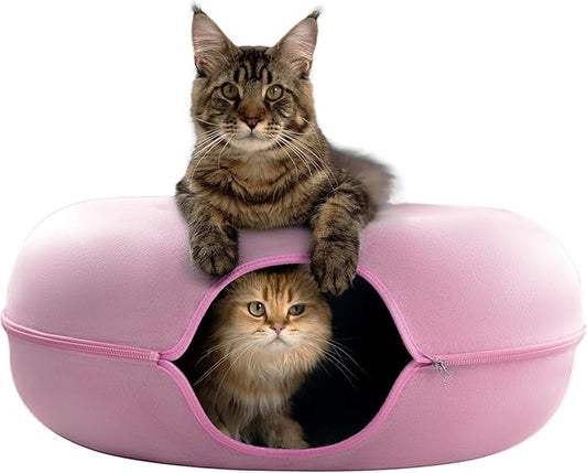 Cattasaurus Peekaboo Cat Cave Donut for Multiple & Large Cats up to 30-45 lbs, 3-in-1 Self Warming Cat Bed, Tunnel & Scratcher for Indoor Cats, Washable & Detachable Small Dog Bed (Pink, Jumbo)