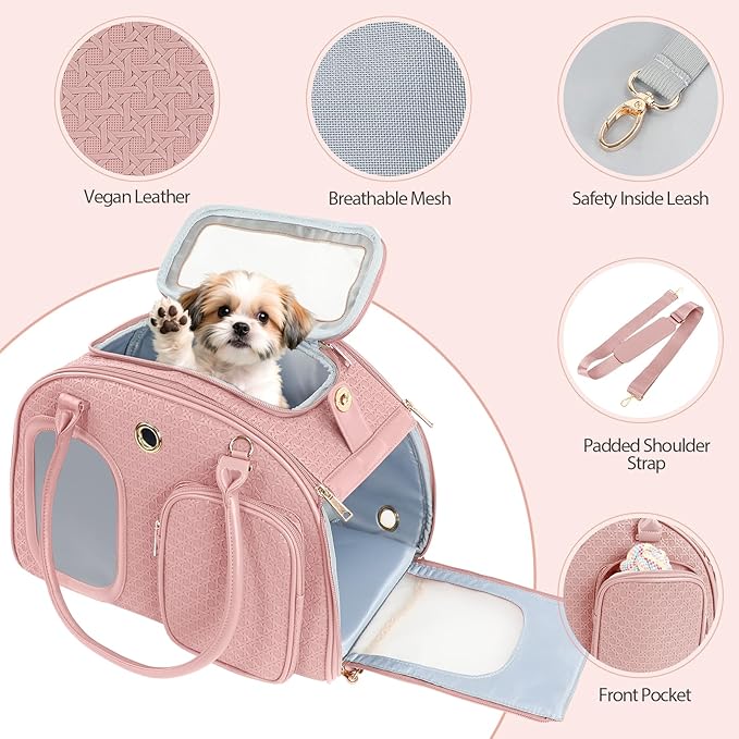 Dog Purse Carrier for Small Dogs, TSA Airline Approved Pet Tote Bag, Fashion Soft-Sided Puppy Carrier Purse with Pockets for Travel, Shopping, Daily Use (Pink, 16.1inch x 8.7inch x 12inch(LxWxH))