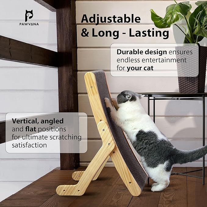 Cat Scratching Board, 3-Position Corrugated Cardboard Cat Scratcher & Lounger with Natural Wood Frame. Large Cats Scratch Pad & Bed for Kittens & Adults. Cat Enrichment & Furniture Protector