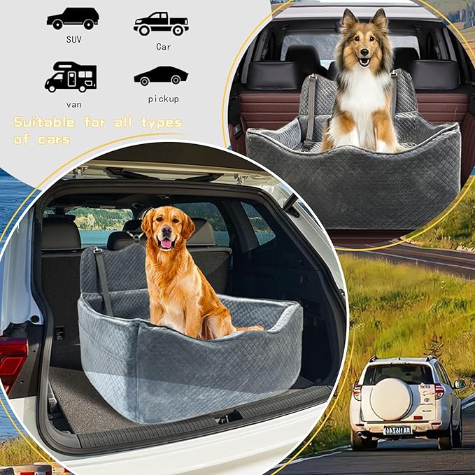 Luxury Dog Booster Seat - Safe & Comfortable Travel Bed for Small/Medium Dogs - Easy to Clean, Disassembles - Gray, Large