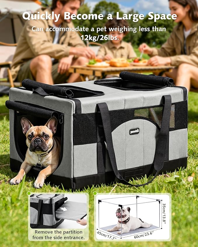 Pecute Cat Carrier for 2 Cats,Dual Cabin Multi Cat Travel Carrier with Removable Divider and Sturdy Frame,Collapsible,Soft,can Hold 20lbs+ for 2 Small Kitten,Medium Dog,Extra Large for Travel,Gray