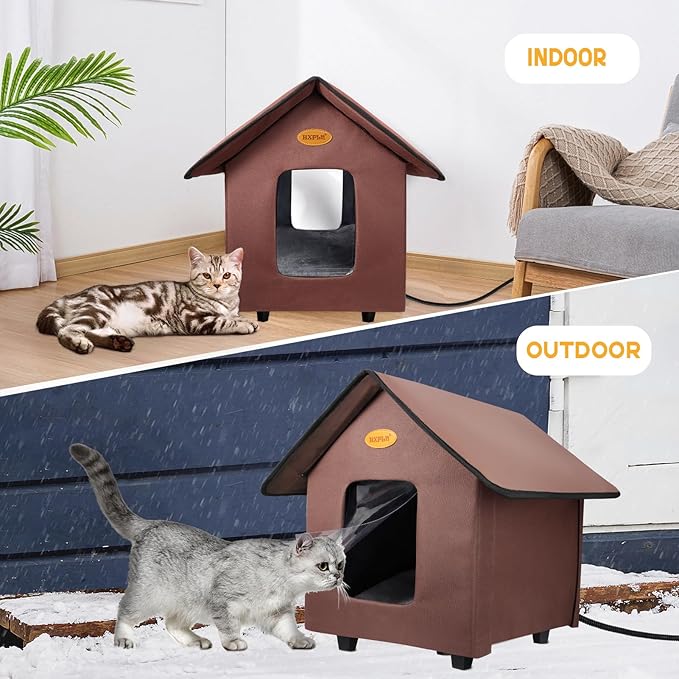 Heated Cat Houses for Outdoor Cats - Elevated Weatherproof Insulated Heated Outdoor Cat House for Winter - Feral Cat Shelter for Outside Cats - Outdoor Heated Cat House (Brown)