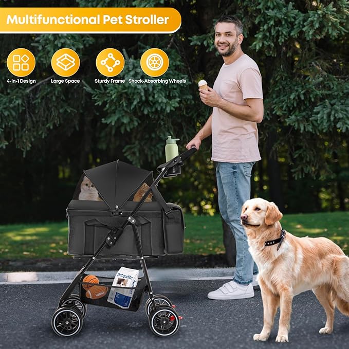 2-in-1 Foldable Pet Stroller with Canopy, 4 Wheels Pet Strolling Cart for Small/Medium Dogs and Cats with Removable Carrier,Breathable Mesh,Mom Tote Bag,Cup Holders,Easy Assembly,Black
