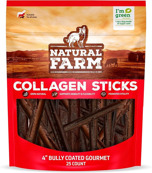 Natural Farm Bully Coated Gourmet Collagen Sticks (4 Inch, 25 Pack) – Real Bully Beef Coated, 95% Natural Collagen Dog Chews, Supports Healthy Joints, Skin & Coat - Best for Small & Medium Dogs
